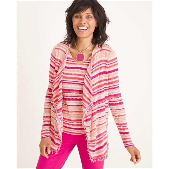 Chico’s Pink Wave Stripe Tassel Boho Open Front Cardigan Size XXL - Picture 1 of 12
